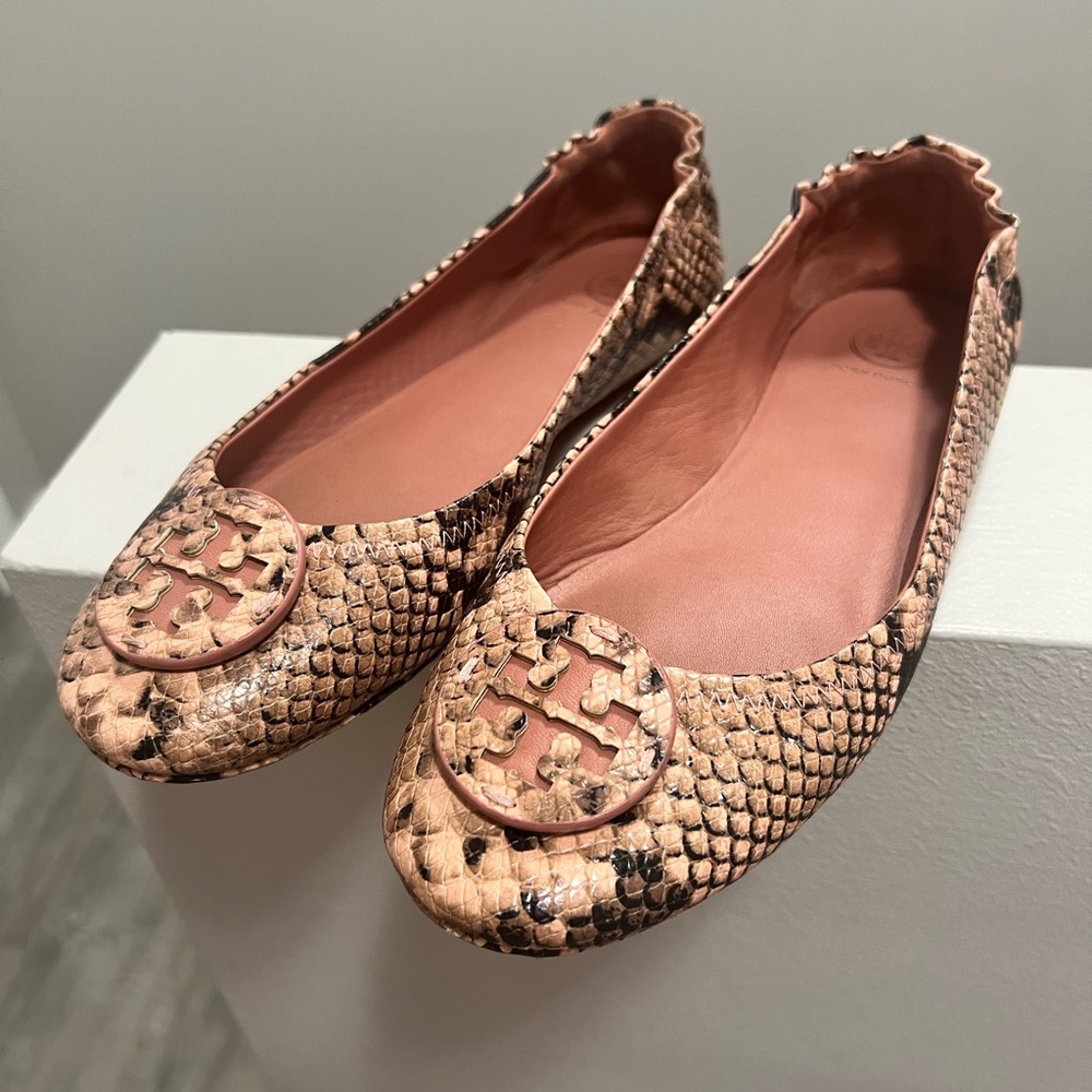 Tory Burch Stamped Snake Printed leather Minnie flats
